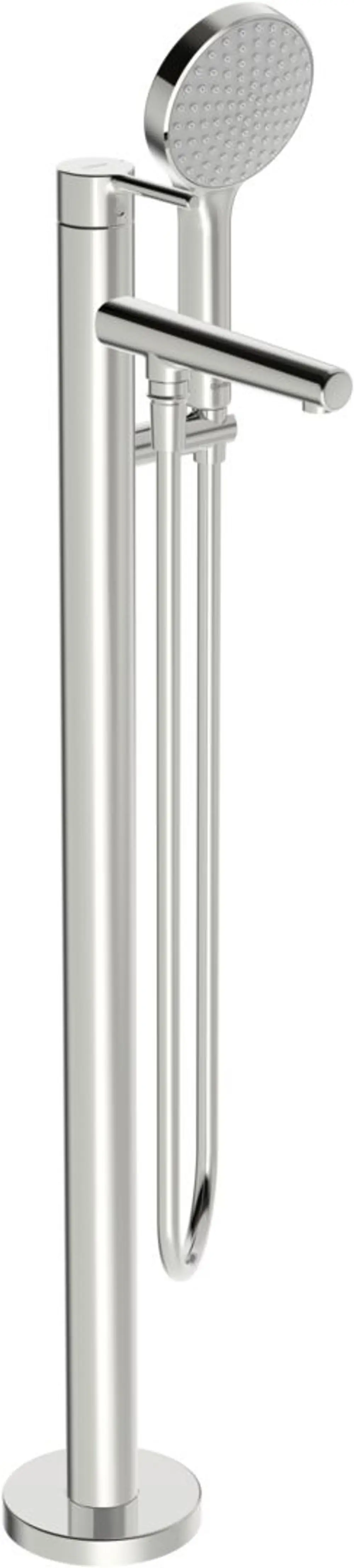 EHM Badebatterie mit Standrohr in Chrom, ausgestattet mit einem Handbrausekopf. Produkt von HANSA für den Einsatz im Badezimmer.